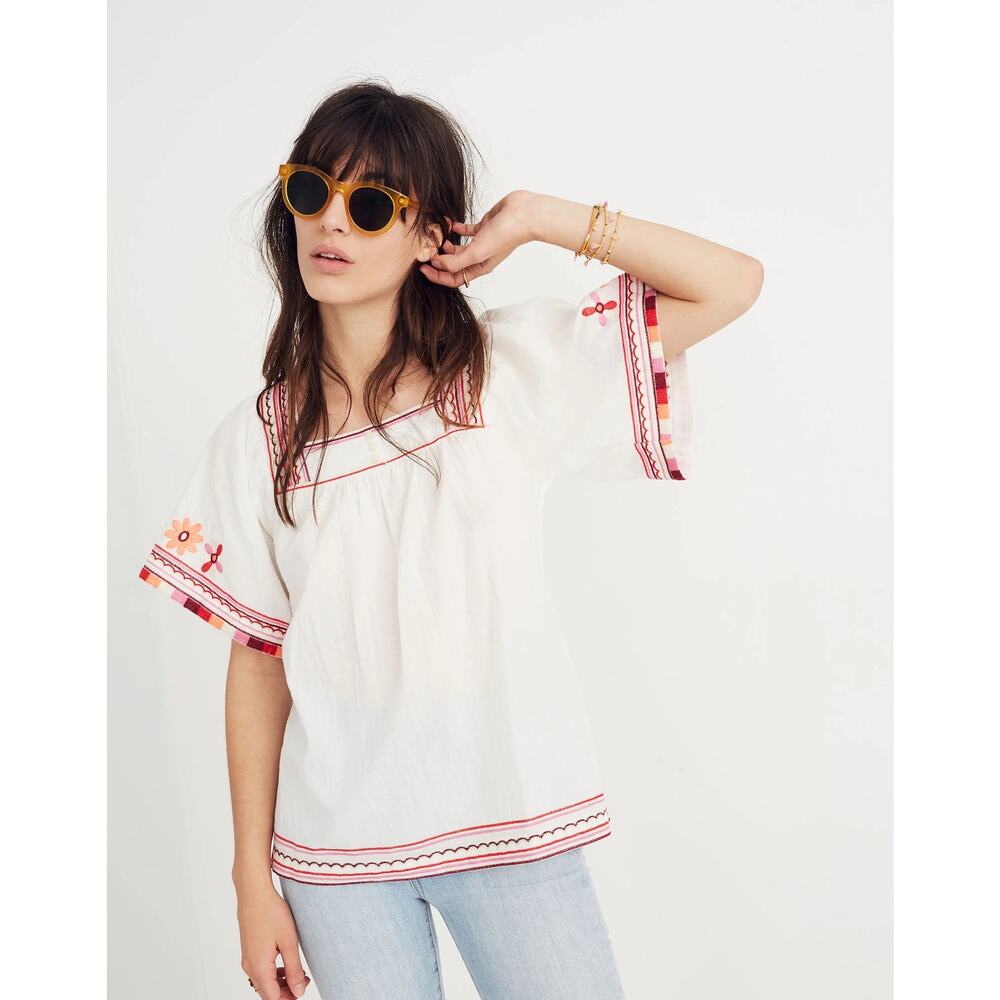 Madewell White Embroidered Peasant Blouse with Red Trim
